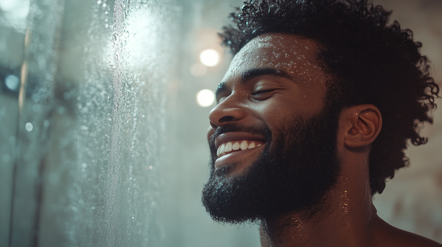 A confident man in his late 20s to early 30s applies beard oil in a stylish, modern bathroom with high-quality grooming products.
