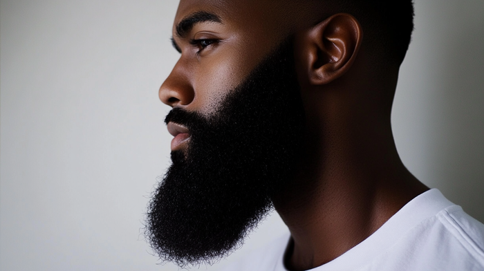 A group of diverse men with well-groomed beards engaging in a self-care routine in a stylish bathroom using beard care products.