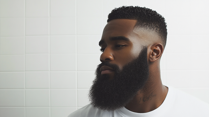 A diverse group of men with healthy beards and hair engage in a modern grooming ritual using Jamaican castor oil products.