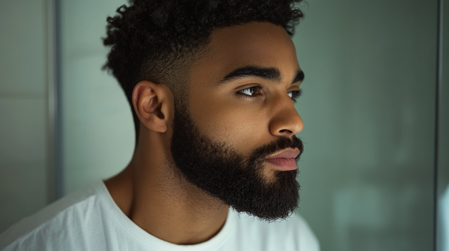 A confident man in his late 20s to early 30s applying beard oil in a stylish, modern bathroom with sleek grooming products displayed.