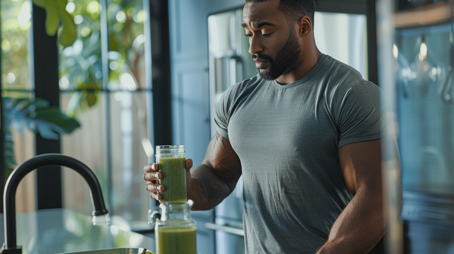 A confident man in his late 20s to early 30s with a full beard prepares a healthy smoothie in a modern kitchen surrounded by fresh ingredients and grooming products.