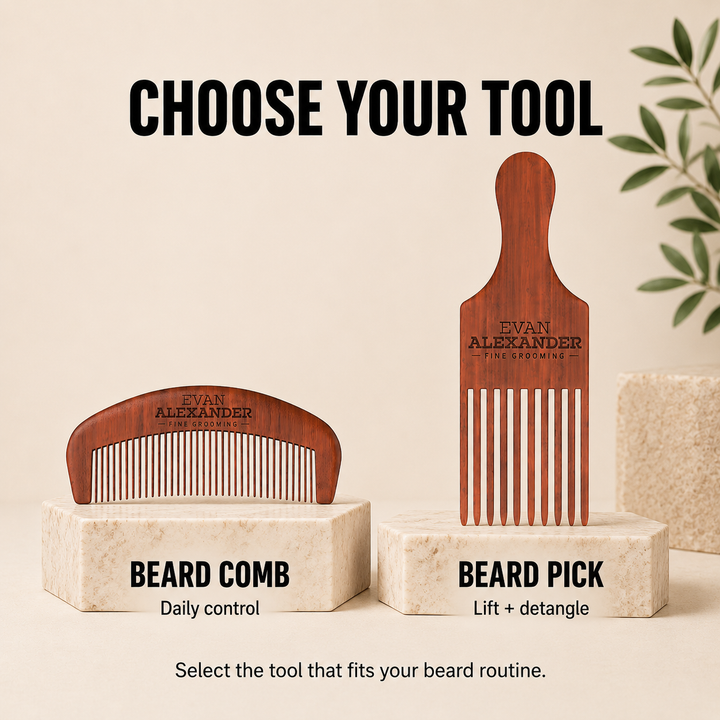 Two wooden beard grooming tools, a comb and a pick, on stone stands with 'Evan Alexander' branding.