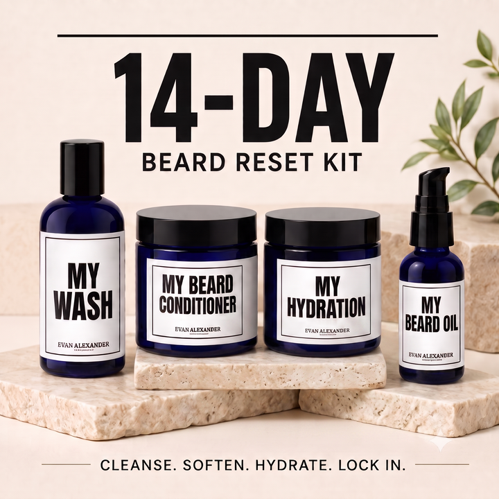 14-Day Beard Reset Kit with four products on a stone surface.