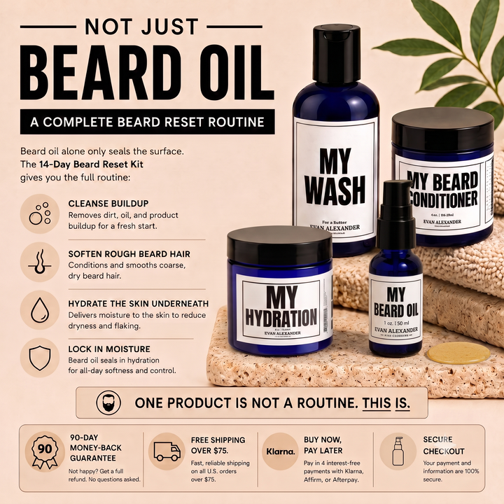Beard care product set with bottles and jars labeled 'My Wash', 'My Beard Conditioner', 'My Hydration', and 'My Beard Oil' on a textured surface.