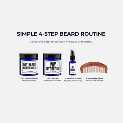 Beard care products with a comb on a white background